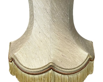 Vintage French Beige Brocade Natural Silk Fringe Lamp Shade Lampshade Desk Table Light WORN DAMAGE c1960-70's / EVE