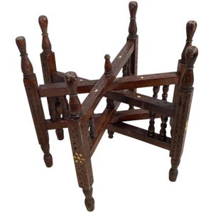 Vintage Small Moroccan Folding Table Tray Display Legs Ornate Wooden Support Stand Plinth Wood circa 1970-80&#39;s / EVE