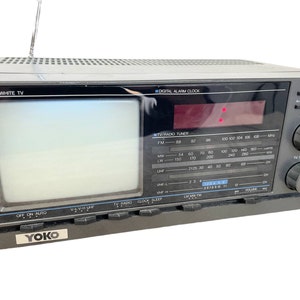 Vintage Hong Kong Yoko Black And White Portable Television TV Radio Alarm Clock 110-220v circa 1980&#39;s / EVE