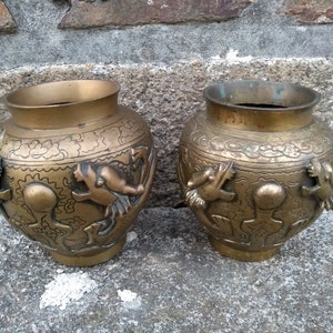 Vintage Chinese Asian Heavy Brass Dragon Vase Pot set pair of two circa 1980&#39;s / EVE of Europe