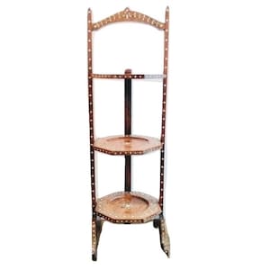 Vintage Indian Bone Inlaid Cake Plate Folding Wooden Stand Display Brown Three Tier Serving Bowl Platter Dish c1960-70&#39;s / EVE of Europe