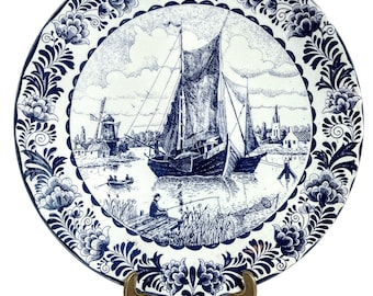 Vintage Dutch Original Blauw Delfts Handmade White Blue Extra Large Dinner Plate Hanging Wall Display Sailing Ships circa 1950-60's / EVE