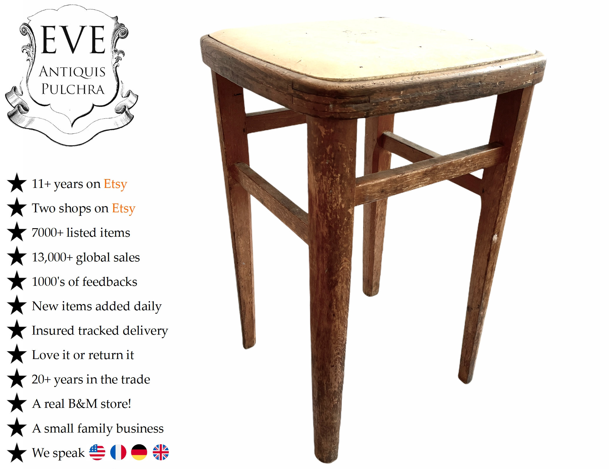 Vintage French Stool Wooden Brown Heavy Natural Wood Large