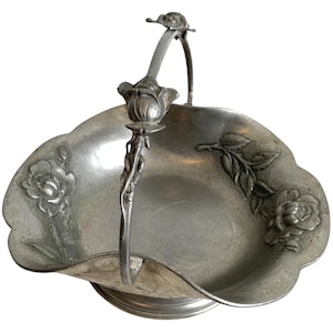 Vintage French Pewter Fruit Bowl Dish Bread Flowers Vase Display Holder Flower Stand Planters Pots circa 1970&#39;s / EVE