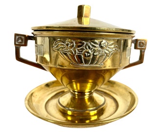 Vintage French Small Brass Gold Tin Sugar Trinket Jewellery Pot Decorative Ornament Handled circa 1920-30's / EVE
