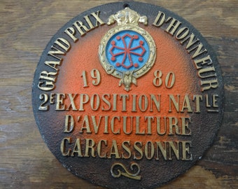Vintage French agricultural farming beef cattle cow livestock metal prize trophy plaque agriculture prize males circa 1980 / EVE of Europe