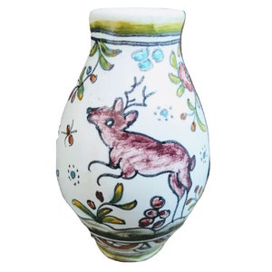 Vintage Portugese Small Decorative Vase Featuring A Hand Painted Deer Stag Pot White Red Scenes Ceramic Pot circa 1970-80's / EVE of Europe