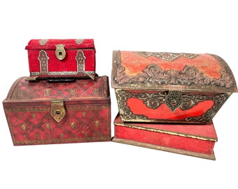 Vintage English French Collection Job Lot Of Four 4 Red Chest Storage Tins Tin Mixed circa 1950-80's / EVE