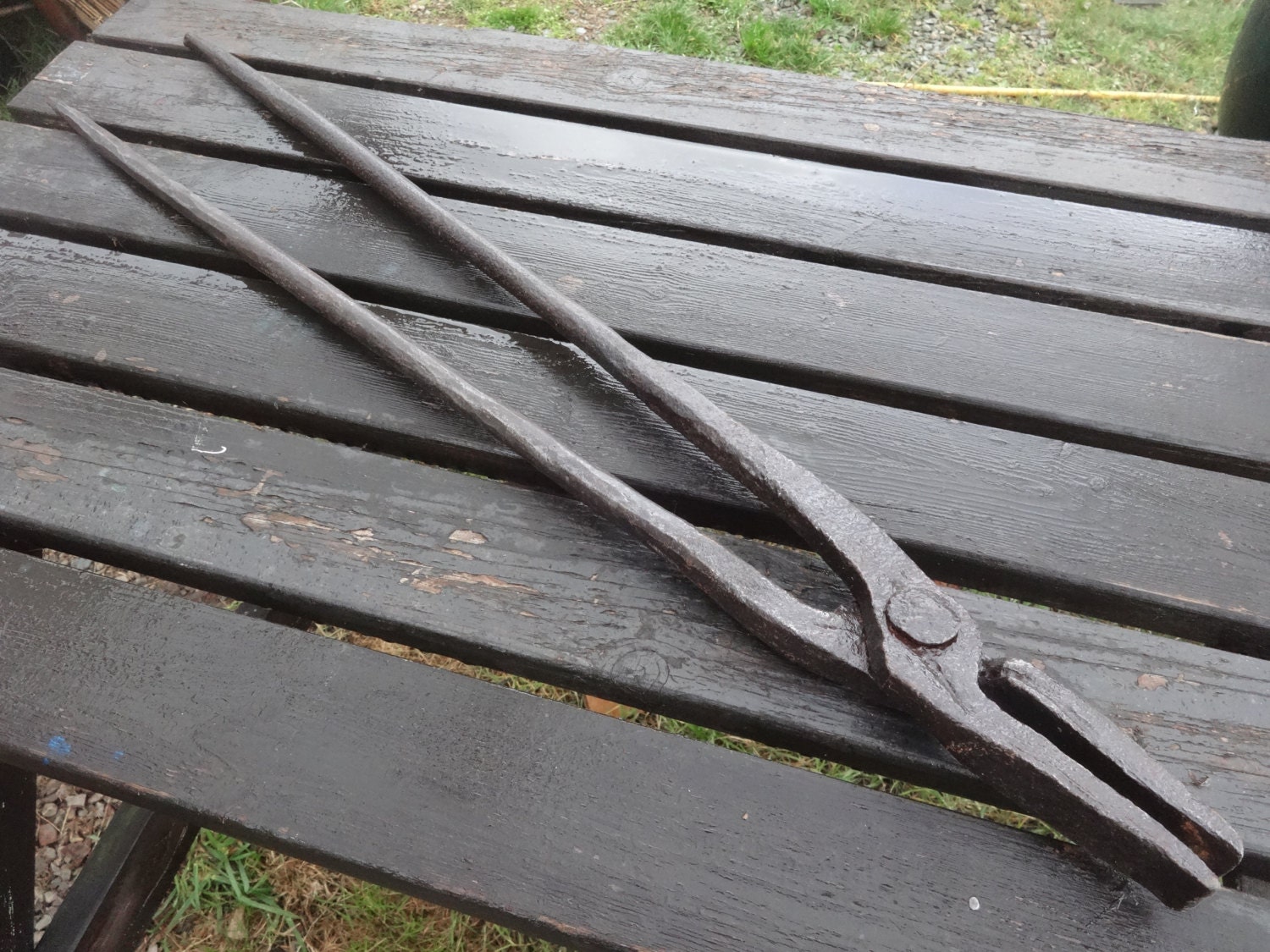 Antique Blacksmith Tongs , Primitive Hand Forged Iron Duck Bill Tongs ,  Blacksmithing Tool , Industrial Decor 