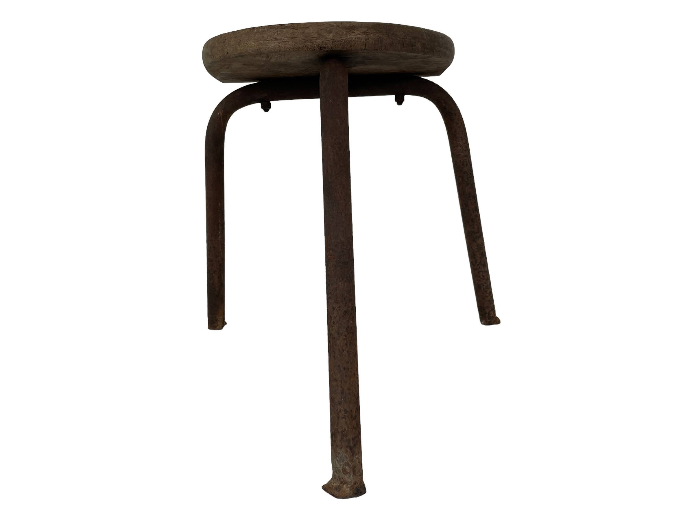Vintage French Small Milking Stool Wooden Rusty Metal Step Chair Seat ...