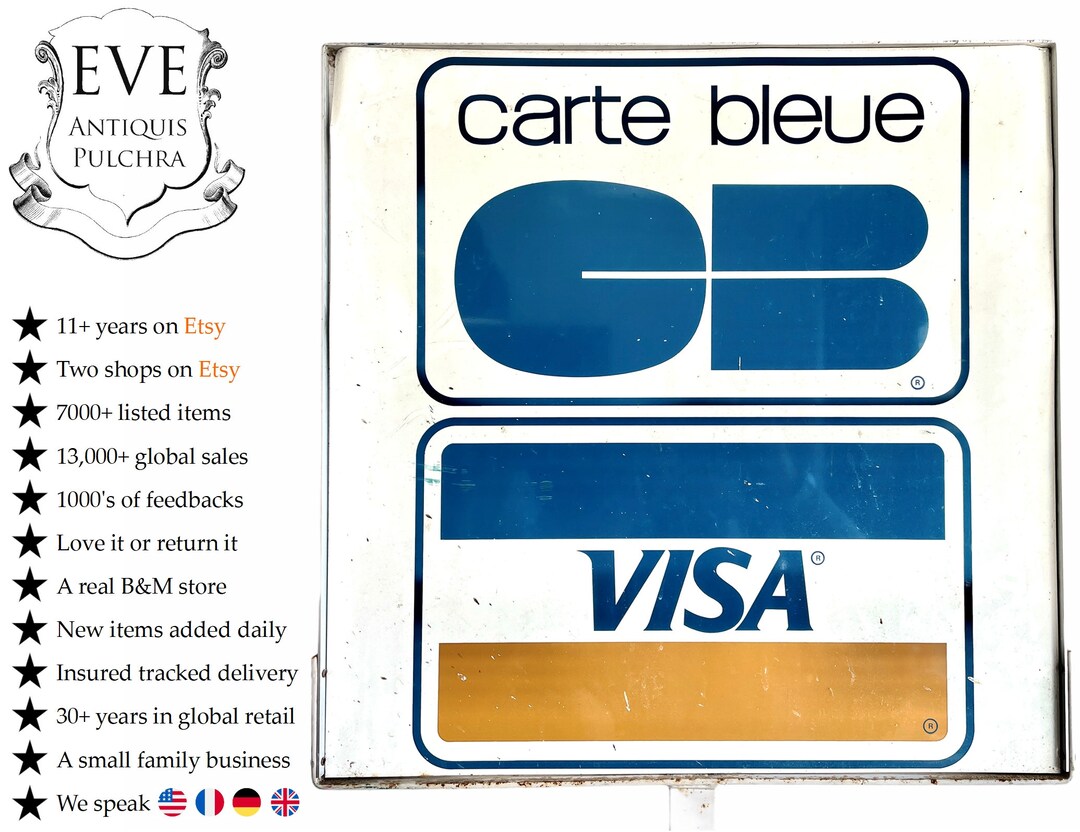 Vintage French Large External Visa Carte Bleue Metal Shop Sign on Stand ...