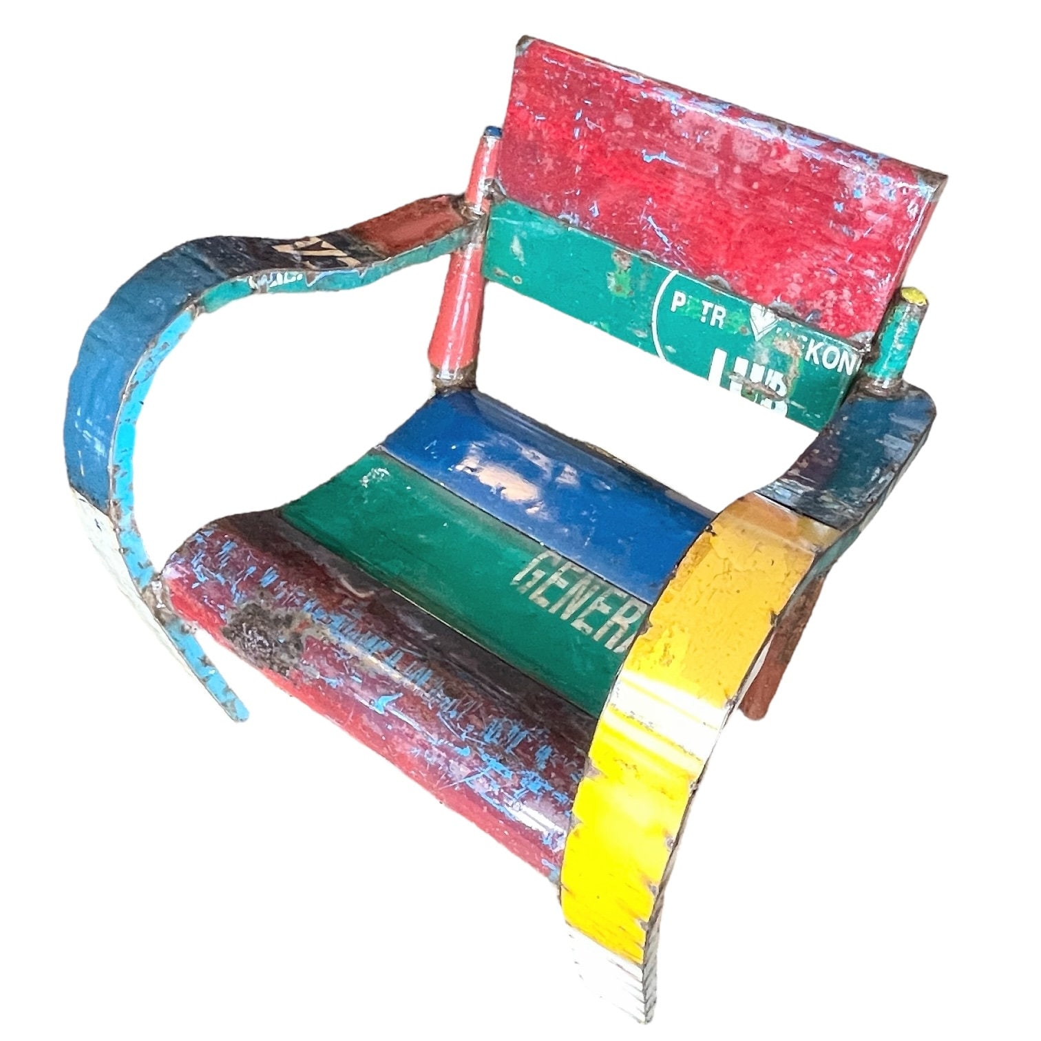 Vintage Vietnamese Oil Drum Metal Garden Chair Balcony Patio Original Ee-i-ee-i-o Aaron Jackson  Decorative circa 2000's / EVE