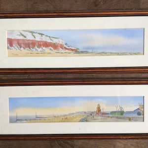 Vintage Engelse zeekust van Hunstanton Norfolk Cliffs kermis aquarellen in houten frame circa 1980-90&#39;s / vooravond van Europa