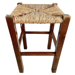 Stool Vintage French Brown Wood Wooden Woven Strung Footstool Foot Rest Footrest Display Stand circa 1970-80&#39;s / EVE