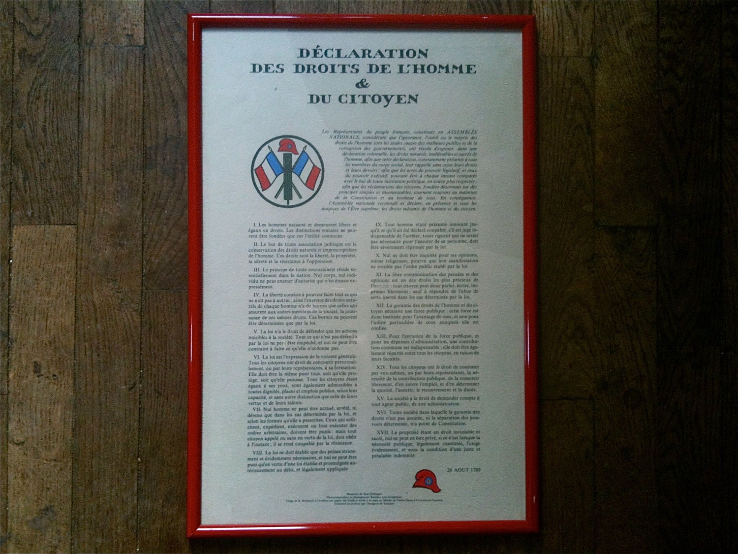 Vintage French Declaration of France framed print in red metal frame reproduction circa 1960's / EVE of Europe