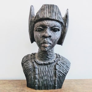 Vintage African Benin Ebony Wood Wooden Bust Decorative Ornament Figurine Africa Art Sculpture Carving Shamen c1970-80's / EVE of Europe