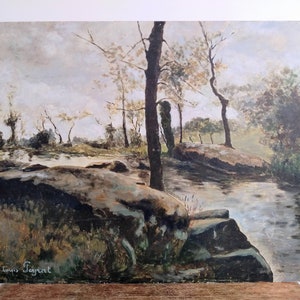 Vintage French Normandy River Brook Water Rocks Scene Oil Painting Art Wall Hanging Picture Signed Louis Peyrat c1950-60&#39;s / EVE of Europe