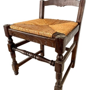 Vintage French Brown Wood Wooden Woven Strung Raffia Cut Down Back Chair Rest Seat Display Stand Tabouret circa 1960-70&#39;s / EVE