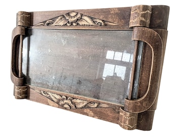 Vintage French Rustic Lap Dinner Tray Wood Glass Serving Handled Display Trivet Decoration circa 1940-50's / EVE
