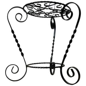 May include: Black wrought iron plant stand with a circular top and base. The stand features decorative spiral and scroll details, with a twisted central support. The design is ornate and elegant, suitable for displaying plants.