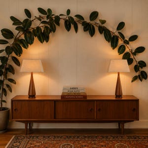 Op de afbeelding: Een lang houten dressoir met drie schuifdeuren en taps toelopende poten, bekroond met twee bijpassende tafellampen met conische houten voet en beige stoffen kappen, en een stapel van vier boeken getiteld Eames, Alvar Aalto, Hans J. Wegner en California Modern.