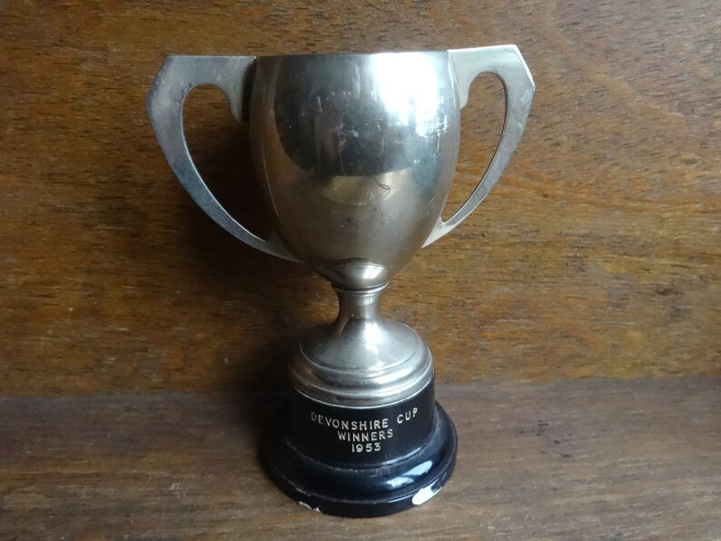Vintage English EPNS Metal Trophy Cup Engraved Devonshire Cup Winners Award Prize Trophies circa 1953 English Shop