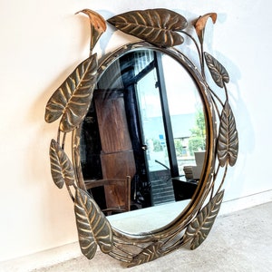 Vintage French Metal Wood Fancy Framed Ornate Brass Coloured Wall Hanging Large Mirror Wooden Backed Framed Heavy c1970-80&#39;s / EVE