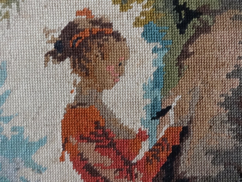 Vintage French Tapestry Cross Stitch Girl Lady Dog Tree Reproduction Portrait Wall Hanging circa 1950-60/'s EVE of Europe