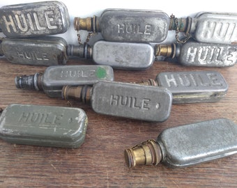 Vintage French Small Oil Huile Canister Can Metal Aluminium Brass Decanter Flask Container Mechanic Automobilia Gift c1950&#39;s / EVE of Europe