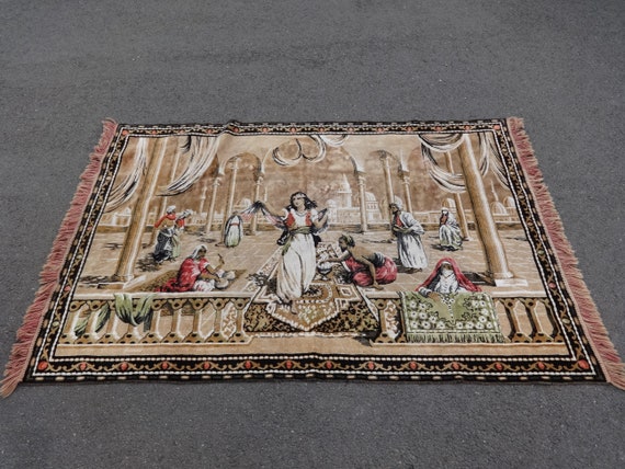 Vintage French Indian Arabian Middle Eastern Scene Dancing Girl Wall Hanging  Carpet Floor Mat Rug Circa 1950-60's / EVE of Europe 