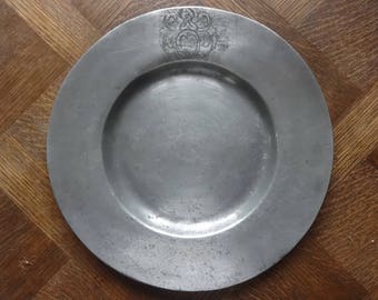 Antique French medium Pewter Etain dish tray charger platter plate serving table display old aged used circa 1900's / EVE of Europe