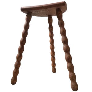 Vintage French Wooden Tripod Bobbin Leg Milking Stool Chair Seat Table Farm D Shaped Seat Plant Rest Stand Plinth Tabouret c1960&#39;s / EVE