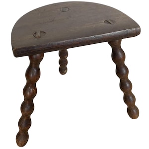Vintage French D Seat Small Stool Table Wooden Wood Chair Seat Side Stand Flower Pot Display Shelf Bobbin Leg Tabouret Worn c1950-60&#39;s / EVE