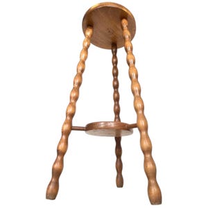 Vintage French Tripod Double Plant Stand Wooden Round Shaped Side Table Braced Bobbin Leg Rest Plinth Tabouret c1960-70&#39;s / EVE