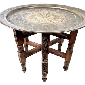 Vintage Moroccan Folding Table Brass Tray Display Legs Ornate Wooden Support Stand Plinth Wood circa 1960-70&#39;s / EVE