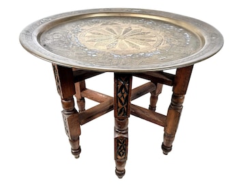 Vintage Moroccan Folding Table Brass Tray Display Legs Ornate Wooden Support Stand Plinth Wood circa 1960-70's / EVE