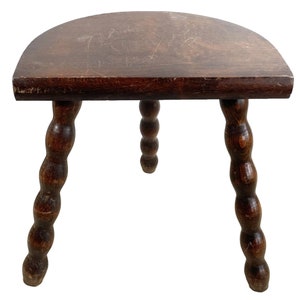 Vintage French Wooden Tripod Bobbin Leg Milking Stool Chair Seat Table Farm D Shaped Seat Plant Rest Stand Plinth Tabouret c1970&#39;s / EVE