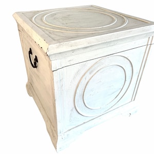 Vintage Chinese Asian Shabby Chic White Painted Square Box Chest Lidded Container Storage Wooden Wood Fabric Lining circa 1980-90&#39;s / EVE