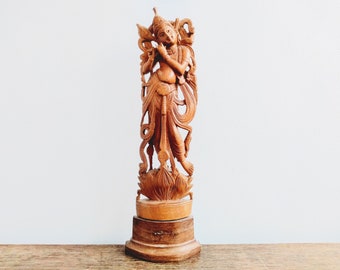 Vintage Indian Delicately Hand Carved Flute Player Wood Ornament Wooden Figurine circa 1920-40's / EVE of Europe