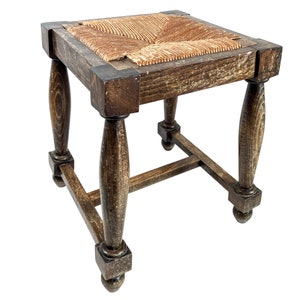 Vintage French Brown Wood Wooden Woven Strung Rattan Raffia Footstool Foot Stool Rest Footrest Display Stand Tabouret circa 1950&#39;s / EVE