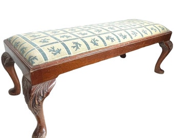 Vintage French Cushioned Bench Foot Stool Blue Cushion Padded Bench Wooden Wood Chair Seat Side Prop Display c1930-40's / EVE
