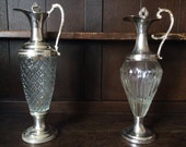 Vintage Italian glass and metal decanters mismatched pair of 2 bar circa 1950-60's / EVE of Europe