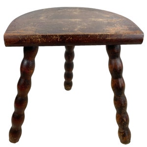 Vintage French Wooden Tripod Bobbin Leg Milking Stool Chair Seat Table Farm D Shaped Seat Plant Rest Stand Plinth Tabouret c1960-70&#39;s / EVE