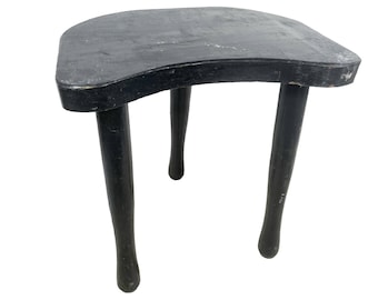 Vintage Stool French Black Wooden Wood Milking Chair Seat Kitchen Table Farm D Shaped Seat Plant Rest Stand Plinth Tabouret c1960-70's / EVE