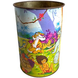 Vintage French Lever Jungle Book Rusty Metal Decorated Waste Paper Office Bin Wastepaper Trash Can circa 1970-80's / EVE