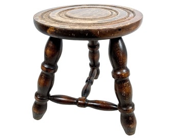 Vintage French Stool Farmhouse Small Table Wooden Chair Seat Side Stand Flower Pot Display Shelf Bobbin Leg Tabouret c1960-70's / EVE