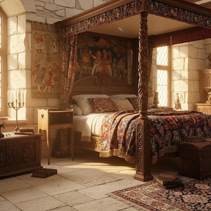 May include: A four-poster bed with intricate wood carvings, a tapestry headboard, and a patterned bedspread. The room features stone walls, a wooden nightstand, and a decorative chest. A rug with a matching pattern is on the floor.