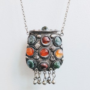 Vintage Moroccan Hippie Large Silver Metal Pocket Pendant Stone Detail Filigree Pendant on Chain Necklace circa 1970-80&#39;s / EVE of Europe