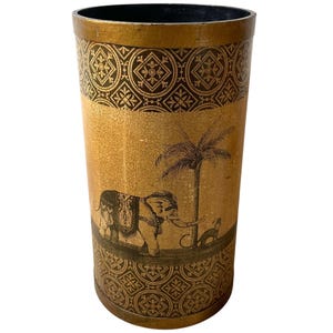 Vintage French Indian Design Decorated Waste Paper Office Bin Trash Can Wood Board circa 1970&#39;s / EVE
