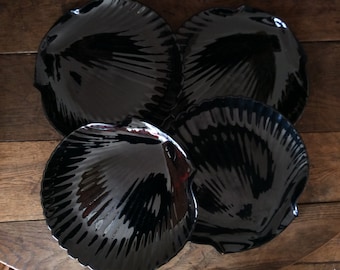 Vintage French black glass shell large dinner plates set of four circa 1970-80&#39;s / EVE of Europe